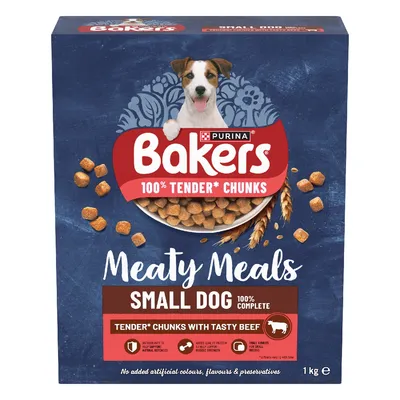 Bakers Meaty Meals Small Dog, 100% complete food with tender chunks and tasty beef. No added artificial colours, flavours or preservatives. 1kg box.