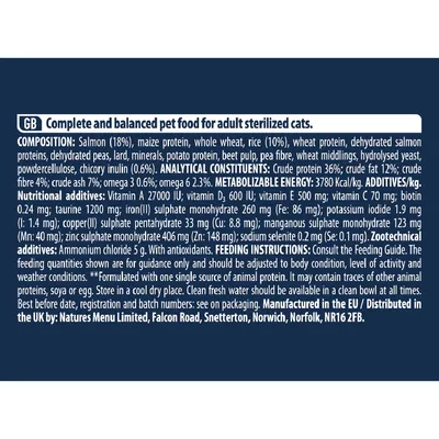 Complete and balanced pet food for adult sterilised cats. Ingredients, analytical constituents, additives, feeding instructions, storage advice, and manufacturer details are listed.