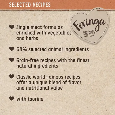 Selected recipes: single meat formulas with vegetables and herbs, 68% selected animal ingredients, grain-free, classic world-famous recipes, with taurine. Feringa brand.