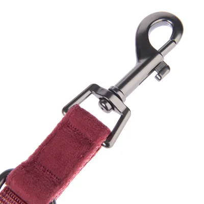 Close-up van een metalen karabijnhaak met rood stoffen band.