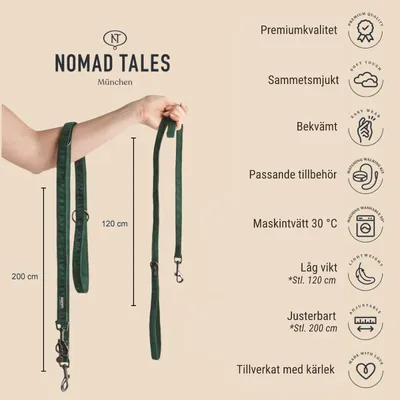 Nomad Tales München koppel i grönt, längder 120 cm och 200 cm. Text: Premiumkvalitet, sammetssmjukt, bekvämt, maskintvätt 30 °C, låg vikt, justerbart, tillverkat med kärlek.