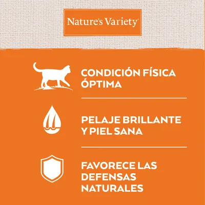 Nature’s Variety. Condición física óptima, pelaje brillante y piel sana, favorece las defensas naturales.