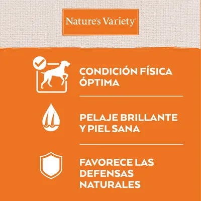 Nature’s Variety. Condición física óptima, pelaje brillante y piel sana, favorece las defensas naturales.