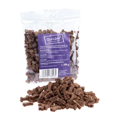 Chewies мини-косточки, 200 г. Видна прозрачная упаковка с коричневыми лакомствами в форме косточек и фиолетовой этикеткой с информацией о составе и питательных веществах.