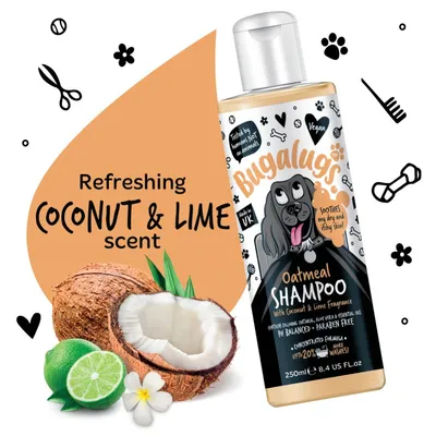 Oatmeal shampoo with coconut and lime fragrance, vegan, tested by humans not animals, soothes dry and itchy skin, pH balanced, paraben free, 250ml bottle shown.