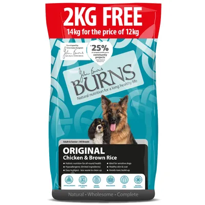 Burns Original Chicken & Brown Rice Hundefutter, 2kg gratis bei Kauf von 14kg. Hypoallergen, leicht verdaulich, ideal für empfindliche Hunde, gesunde Haut und Fell, ohne toxische Rückstände.