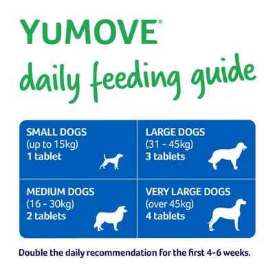 YuMOVE daily feeding guide: perros pequeños hasta 15 kg 1 tableta, medianos 16–30 kg 2 tabletas, grandes 31–45 kg 3 tabletas, muy grandes más de 45 kg 4 tabletas. Texto en inglés.
