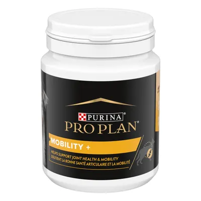 Purina Pro Plan Mobility+ container, black and white with yellow label. Visible text: 'Helps support joint health & mobility'. Cat outline shown on the right side of the label.