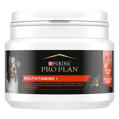 Purina Pro Plan Multivitamins+ container, label shows dog image, text: 'Helps sustain energy release for vitality and overall health', 'With vitamin complex', visible B1, B2, B12 icons.
