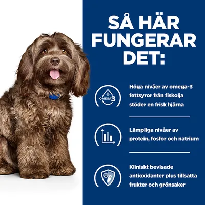 Så här fungerar det: Höga nivåer av omega-3 fettsyror från fiskolja stöder en frisk hjärna. Lämpliga nivåer av protein, fosfor och natrium. Kliniskt bevisade antioxidanter plus tillsatta frukter och grönsaker.