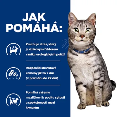 Text v češtine: Jak pomáhá: Zmírňuje stres, který je rizikovým faktorem vzniku urologických potíží. Rozpouští struvitové kameny již za 7 dní. Pomáhá k pocitu sytosti medzi krmením.