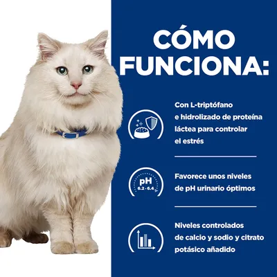Texto: Cómo funciona. Con L-triptófano e hidrolizado de proteína láctea para controlar el estrés. Favorece unos niveles de pH urinario óptimos. Niveles controlados de calcio y sodio y citrato potásico añadido.