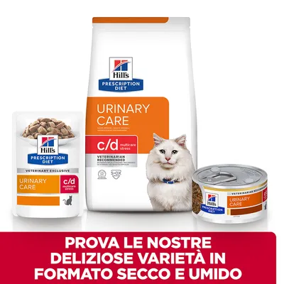 Hill's Prescription Diet Urinary Care c/d multicare stress per gatti, visibili confezioni di cibo secco e umido. Testo: Prova le nostre deliziose varietà in formato secco e umido.