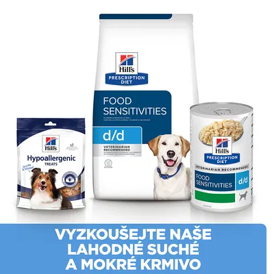 Hill's Prescription Diet Food Sensitivities d/d suché a mokré krmivo, Hill's Hypoallergenic Treats. Text: VYZKOUŠEJTE NAŠE LAHODNÉ SUCHÉ A MOKRÉ KRMIVO.