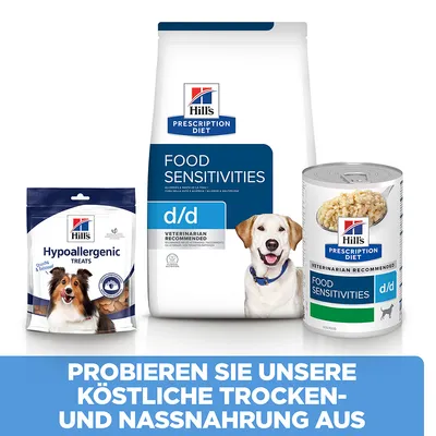 Hill's Prescription Diet Produkte für Food Sensitivities: Trockenfutter, Nassfutter und hypoallergene Leckerlis. Probieren Sie köstliche Trocken- und Nassnahrung aus.