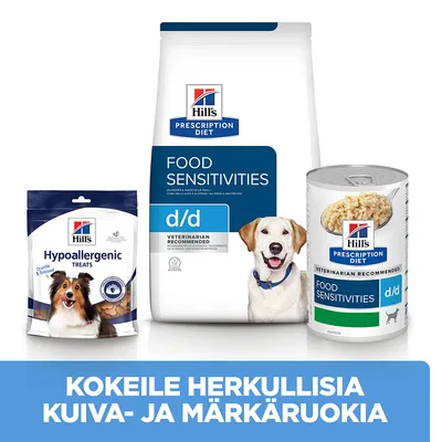 Hill's Prescription Diet Food Sensitivities d/d kuivaruoka ja märkäruoka sekä Hypoallergenic Treats -herkut koirille. Teksti: Kokeile herkullisia kuiva- ja märkäruokia.
