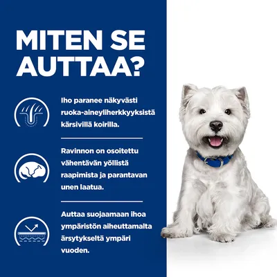 Teksti: MITEN SE AUTTAA? Iho paranee näkyvästi ruoka-aineyliherkkyyksistä kärsivillä koirilla. Ravinnon on osoitettu vähentävän yöllistä raapimista ja parantavan unen laatua. Auttaa suojaamaan ihoa ympäristön aiheuttamalta ärsytykseltä ympäri vuoden.