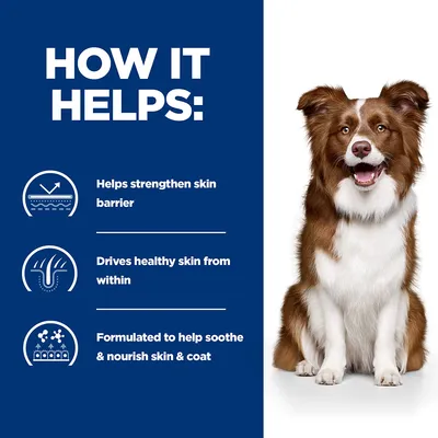 How it helps: helps strengthen skin barrier, drives healthy skin from within, formulated to help soothe and nourish skin and coat. Includes illustrative icons and an animal sitting.