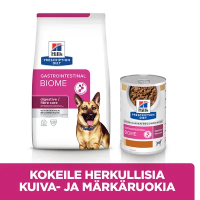 Hill's Prescription Diet Gastrointestinal Biome -kuivaruoka ja märkäruoka koirille. Teksti: Kokeile herkullisia kuiva- ja märkäruokia.