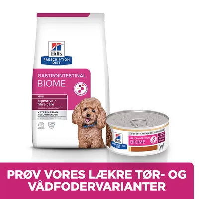 Hill's Prescription Diet Gastrointestinal Biome Mini digestive/fibre care tørfoder og vådfoder til hund. Prøv vores lækre tør- og vådfodervarianter.
