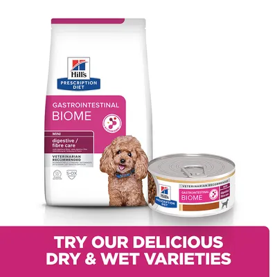 Gastrointestinal Biome dry and wet food for digestive or fibre care, mini variety. Text: Try our delicious dry and wet varieties. Veterinarian recommended.