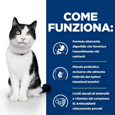 COME FUNZIONA: Formula altamente digeribile che favorisce l’assorbimento dei nutrienti. Miscela prebiotica esclusiva per batteri intestinali benefici. Elettroliti, vitamine B, antiossidanti. COME FUNZIONA: Formula altamente digeribile che favorisce l’assorbimento dei nutrienti. Miscela prebiotica esclusiva per batteri intestinali benefici. Elettroliti, vitamine B, antiossidanti.