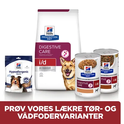 Hill's Prescription Diet Digestive Care i/d tør- og vådfoder samt Hypoallergenic Treats til hund. Tekst: PRØV VORES LÆKRE TØR- OG VÅDFODERVARIANTER.