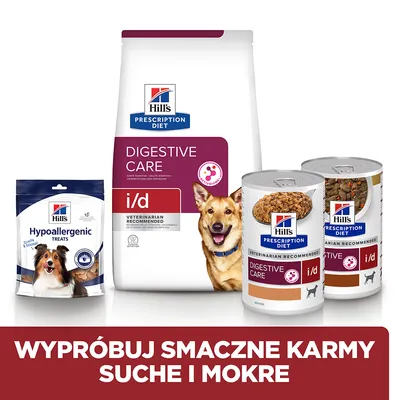 Hill's Prescription Diet Digestive Care i/d: karma sucha, mokra i przysmaki Hypoallergenic Treats. Napis: Wypróbuj smaczne karmy suche i mokre.