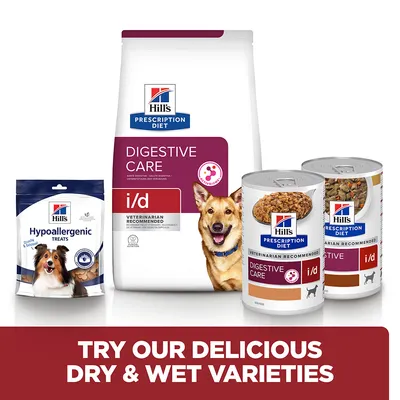 Hill's Prescription Diet Digestive Care dry food, wet food cans, and Hypoallergenic Treats shown with text: Try our delicious dry & wet varieties.