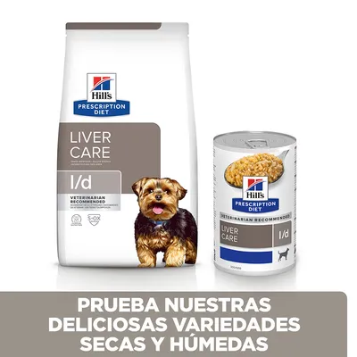 Hill's Prescription Diet Liver Care l/d, pienso y lata húmeda con perro pequeño en el envase. Texto: Prueba nuestras deliciosas variedades secas y húmedas.