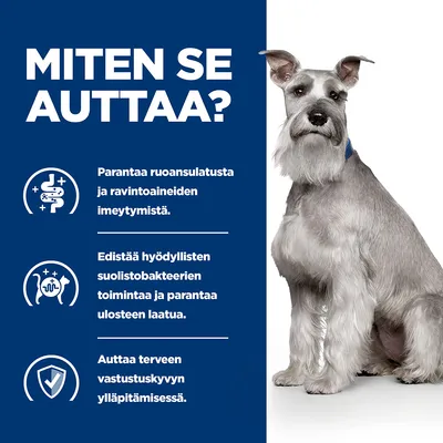 Teksti: Miten se auttaa? Parantaa ruoansulatusta ja ravintoaineiden imeytymistä. Edistää hyödyllisten suolistobakteerien toimintaa ja parantaa ulosteen laatua. Auttaa vastustuskyvyssä.