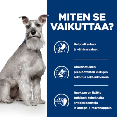 MITEN SE VAIKUTTAA? Helposti sulava ja vähärasvainen. Ainutlaatuinen prebioottisten kuitujen sekoitus sekä inkivääriä. Ruokaan lisätty antioksidantteja ja omega-3-rasvahappoja.