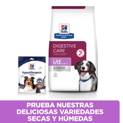 Hill's Prescription Diet Digestive Care i/d sensitive y Hill's HypoAllergenic Treats para perros. Texto: Prueba nuestras deliciosas variedades secas y húmedas.
