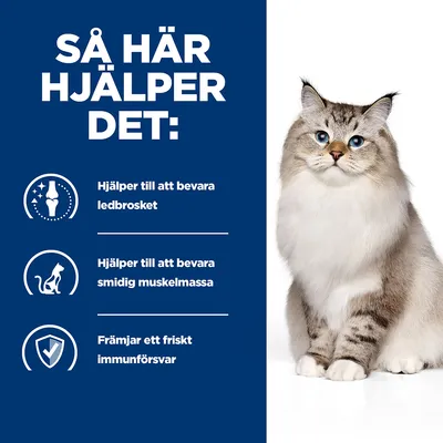 Så här hjälper det: Hjälper till att bevara ledbrosket, Hjälper till att bevara smidig muskelmassa, Främjar ett friskt immunförsvar. Bild på katt till höger.