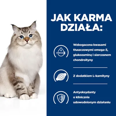 Jak karma działa: wzbogacona kwasami tłuszczowymi omega-3, glukozaminą i siarczanem chondroityny, z dodatkiem L-karnityny, antyoksydanty o klinicznie udowodnionym działaniu.