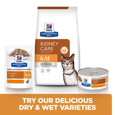 Hill's Prescription Diet Kidney Care k/d dry and wet food varieties, veterinarian recommended, shown in pouch, bag, and can packaging. Text: Try our delicious dry & wet varieties.