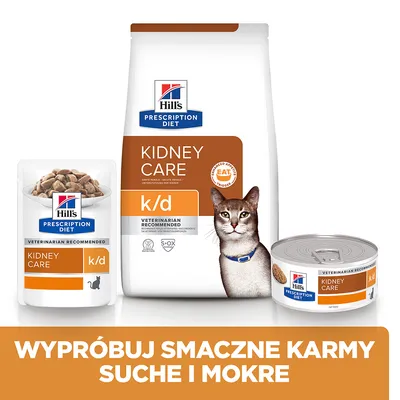 Hill's Prescription Diet Kidney Care k/d dla kotów, opakowania karmy suchej i mokrej. Napis: WYPRÓBUJ SMACZNE KARMY SUCHE I MOKRE.