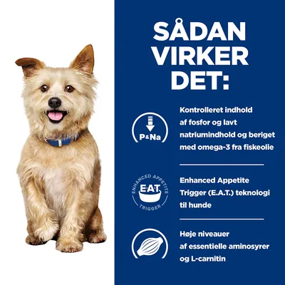SÅDAN VIRKER DET: Kontrolleret indhold af fosfor og lavt natriumindhold, beriget med omega-3 fra fiskeolie. Enhanced Appetite Trigger (E.A.T.) teknologi til hunde. Høje niveauer af essentielle aminosyrer og L-carnitin.