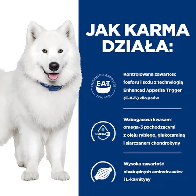 Jak karma działa: kontrolowana zawartość fosforu i sodu z technologią E.A.T., omega-3 z oleju rybiego, glukozamina, siarczan chondroityny, wysoka zawartość aminokwasów i L-karnityny.