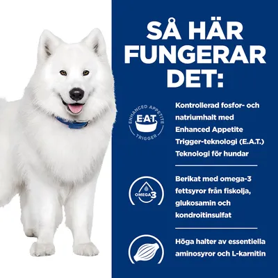 Så här fungerar det: Kontrollerad fosfor- och natriumhalt med Enhanced Appetite Trigger-teknologi (E.A.T.) för hundar. Berikat med omega-3, glukosamin, kondroitinsulfat, aminosyror, L-karnitin.