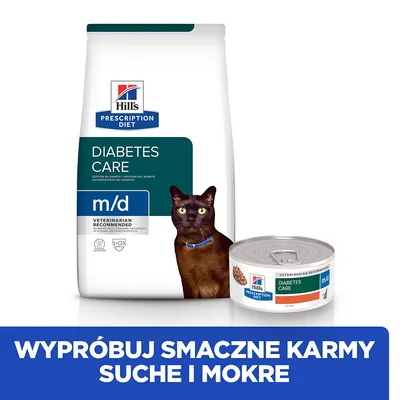 Hill's Prescription Diet Diabetes Care m/d dla kotów, opakowanie suchej karmy i puszka mokrej karmy. Napis: Wypróbuj smaczne karmy suche i mokre.