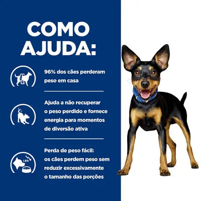 Texto: Como ajuda: 96% dos cães perderam peso em casa. Ajuda a não recuperar o peso perdido e fornece energia para momentos de diversão ativa. Perda de peso fácil: os cães perdem peso sem reduzir excessivamente o tamanho das porções.