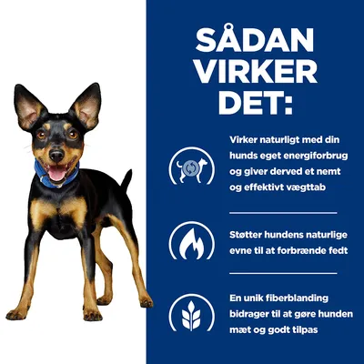 SÅDAN VIRKER DET: Virker naturligt med din hunds eget energiforbrug og giver derved et nemt og effektivt vægttab. Støtter hundens naturlige evne til at forbrænde fedt. En unik fiberblanding bidrager til at gøre hunden mæt og godt tilpas.