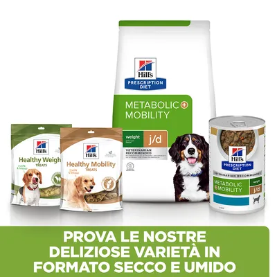 Hill's Prescription Diet Metabolic + Mobility, Healthy Weight Treats, Healthy Mobility Treats e lattina Metabolic + Mobility per cani. Testo: Prova le nostre deliziose varietà in formato secco e umido.