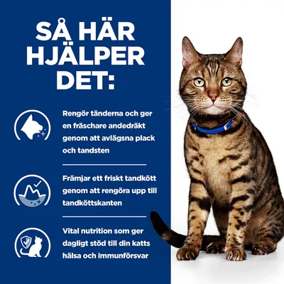 Så här hjälper det: Rengör tänderna och ger en fräschare andedräkt, främjar friskt tandkött, vital nutrition som stödjer kattens hälsa och immunförsvar. Text på svenska.
