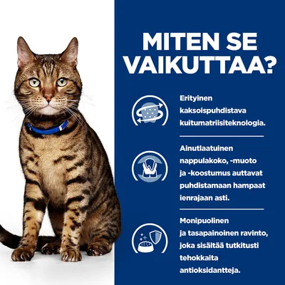 MITEN SE VAIKUTTAA? Erityinen kaksoispuhdistava kuitumatriisiteknologia. Ainutlaatuinen nappulakoko, -muoto ja -koostumus auttavat puhdistamaan hampaat ienrajaan asti. Monipuolinen ja tasapainoinen ravinto, joka sisältää tutkitusti tehokkaita antioksidantteja.