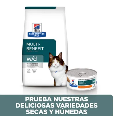 Hill's Prescription Diet Multi-Benefit w/d para gatos, pienso y lata húmeda. Texto: Prueba nuestras deliciosas variedades secas y húmedas.