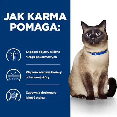 Jak karma pomaga: łagodzi objawy skórne alergii pokarmowych, wspiera zdrowie bariery ochronnej skóry, zapewnia doskonałą jakość stolca. Obok siedzi kot w niebieskiej obroży.