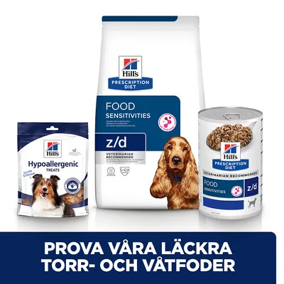 Hill's Prescription Diet Food Sensitivities z/d torrfoder, våtfoder och Hypoallergenic Treats för hund. Text: Prova våra läckra torr- och våtfoder.