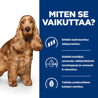 Miten se vaikuttaa? Erittäin hydrolysoitua eläinproteiinia. Sisältää kalaöljyä, enemmän välttämättömiä rasvahappoja ja runsaasti E-vitamiinia. Tutkittu prebioottisten kuitujen sekoitus.